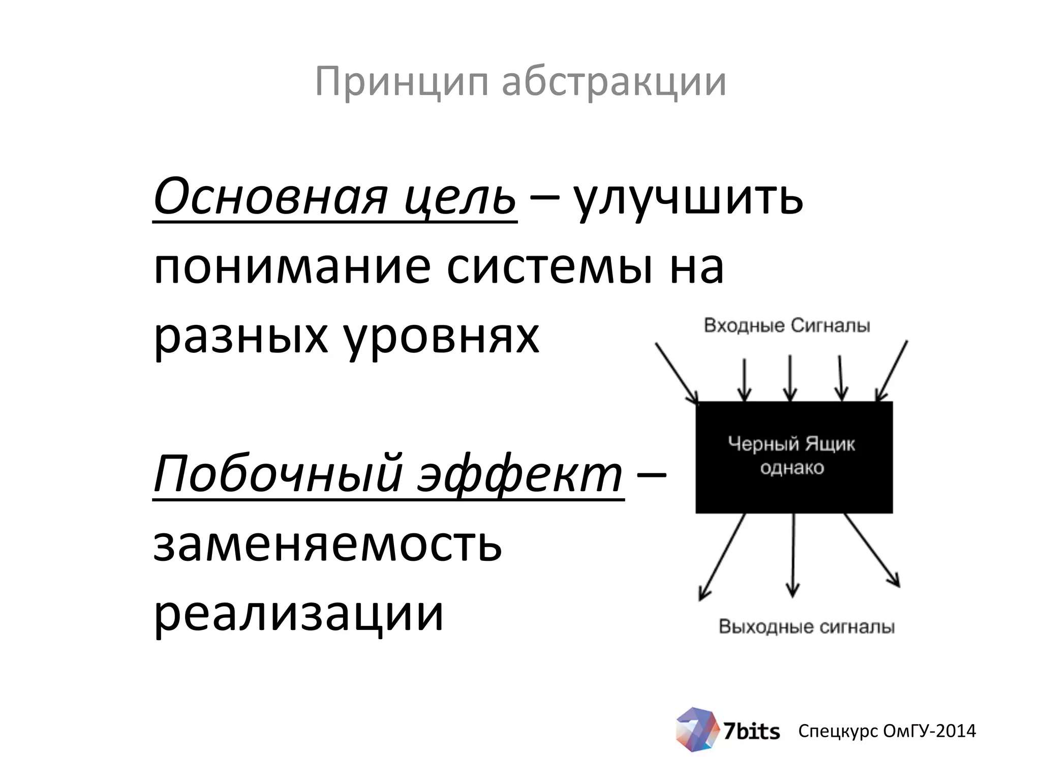 Спецкурс ОмГУ-2014
Принцип абстракции
Основная цель – улучшить
понимание системы на
разных уровнях
Побочный эффект –
заменяемость
реализации
 