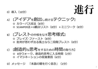 0）導⼊（10分）
A）【アイデアを創出し続けるテクニック】
◎ カラーバス技法（8分）
◎ SCAMPER法＋6観点リスト（8分）＋ミニワーク（8分）
B）【ブレストの中核をなす思考様式】
◎ プレイズ･ファースト（8分）
◎ 批判が思わず出る⾵⼟なら⼆段階ブレスト（8分）
C）【創造的な思考をするための時間の取り⽅】
◎ 8分ウォーク。創造的思考に⼊る時間（2分）
◎ イマジネーションの促進要因（6分）
D）メッセージ 「未踏の闇を⾏く信念」（2分）
進行
2
 