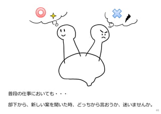普段の仕事においても・・・
部下から、新しい案を聞いた時、どっちから⾔おうか、迷いませんか。
49
 