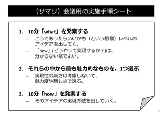（サマリ）会議⽤の実施⼿順シート
1. 10分「what」を発案する
– こうであったらいいかも（という想像）レベルの
アイデアを出してく。
– 「how」(どうやって実現するか？)は、
分からない案でよい。
2. それらの中から最も魅⼒的なものを、1つ選ぶ
– 実現性の⾼さは考慮しないで、
魅⼒度や新しさで選ぶ。
3. 10分「how」を発案する
– そのアイデアの実現⽅法を出していく。
71
 