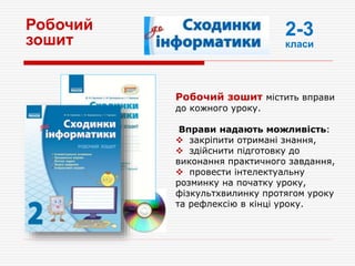 Робочий
зошит
Робочий зошит містить вправи
до кожного уроку.
Вправи надають можливість:
 закріпити отримані знання,
 здійснити підготовку до
виконання практичного завдання,
 провести інтелектуальну
розминку на початку уроку,
фізкультхвилинку протягом уроку
та рефлексію в кінці уроку.
2-3
класи
 