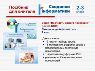 Посібник
для вчителя
Диск містить:
 15 презентацій до уроків,
 15 методичних розробок уроків з
позаслайдовим текстом до
презентацій,
 1 презентацію у форматі Prezi,
 рекомендації щодо створення
презентацій
Серія “Наочність нового покоління”
(на CD-ROM)
Сходинки до інформатики.
2 клас
2-3
класи
 