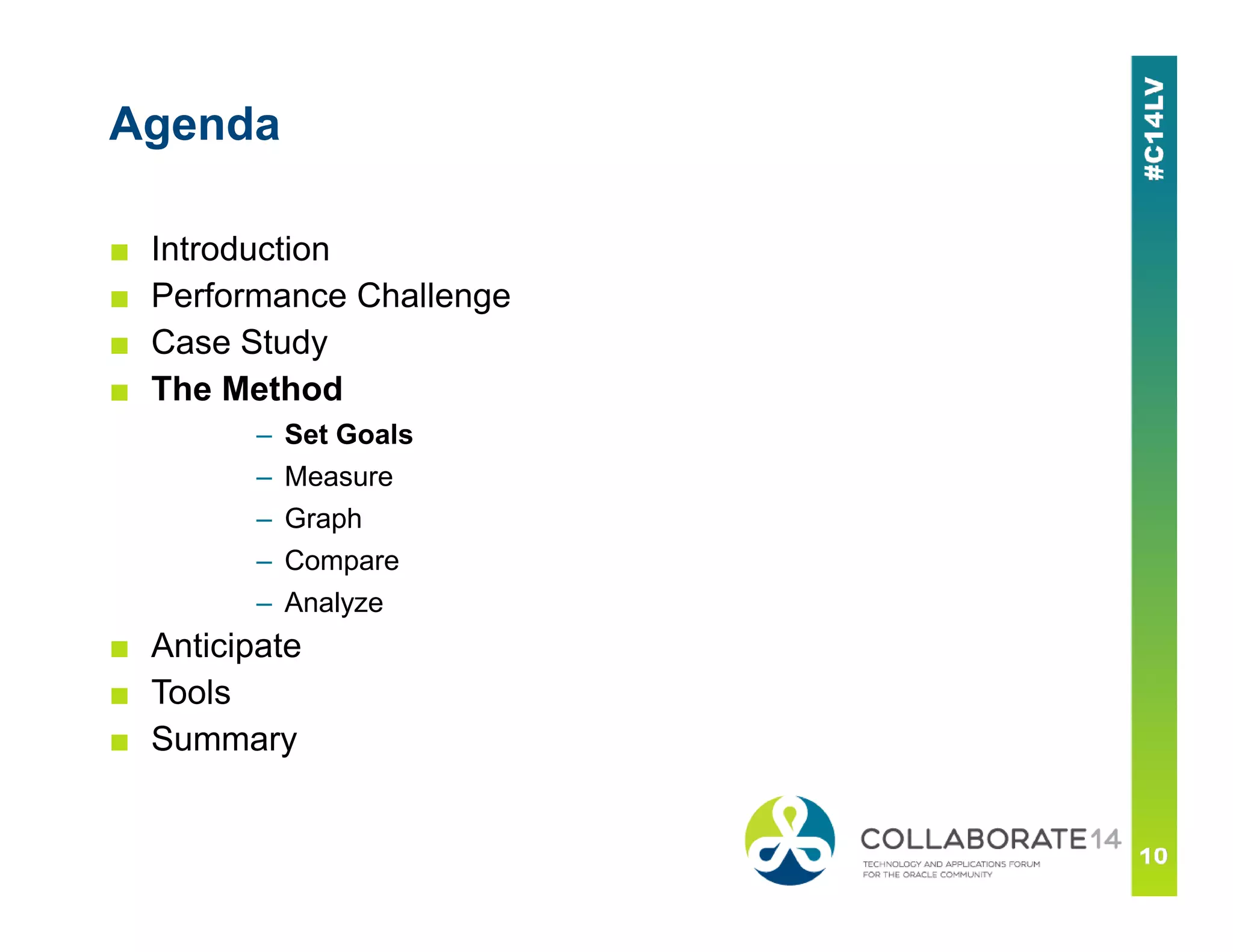 Agenda
■ Introduction
■ Performance Challenge
■ Case Study
■ The Method
– Set Goals
– Measure– Measure
– Graph
– Compare
– Analyze
■ Anticipate
■ Tools
■ Summary
 
