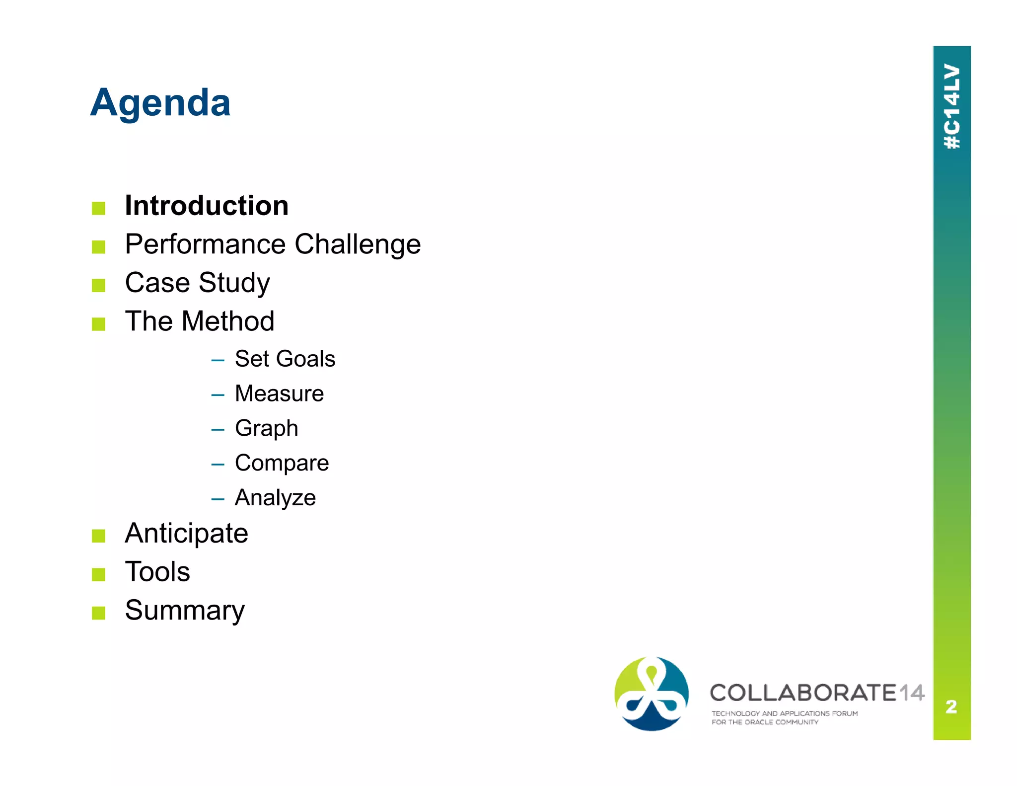 Agenda
■ Introduction
■ Performance Challenge
■ Case Study
■ The Method
– Set Goals
– Measure– Measure
– Graph
– Compare
– Analyze
■ Anticipate
■ Tools
■ Summary
 