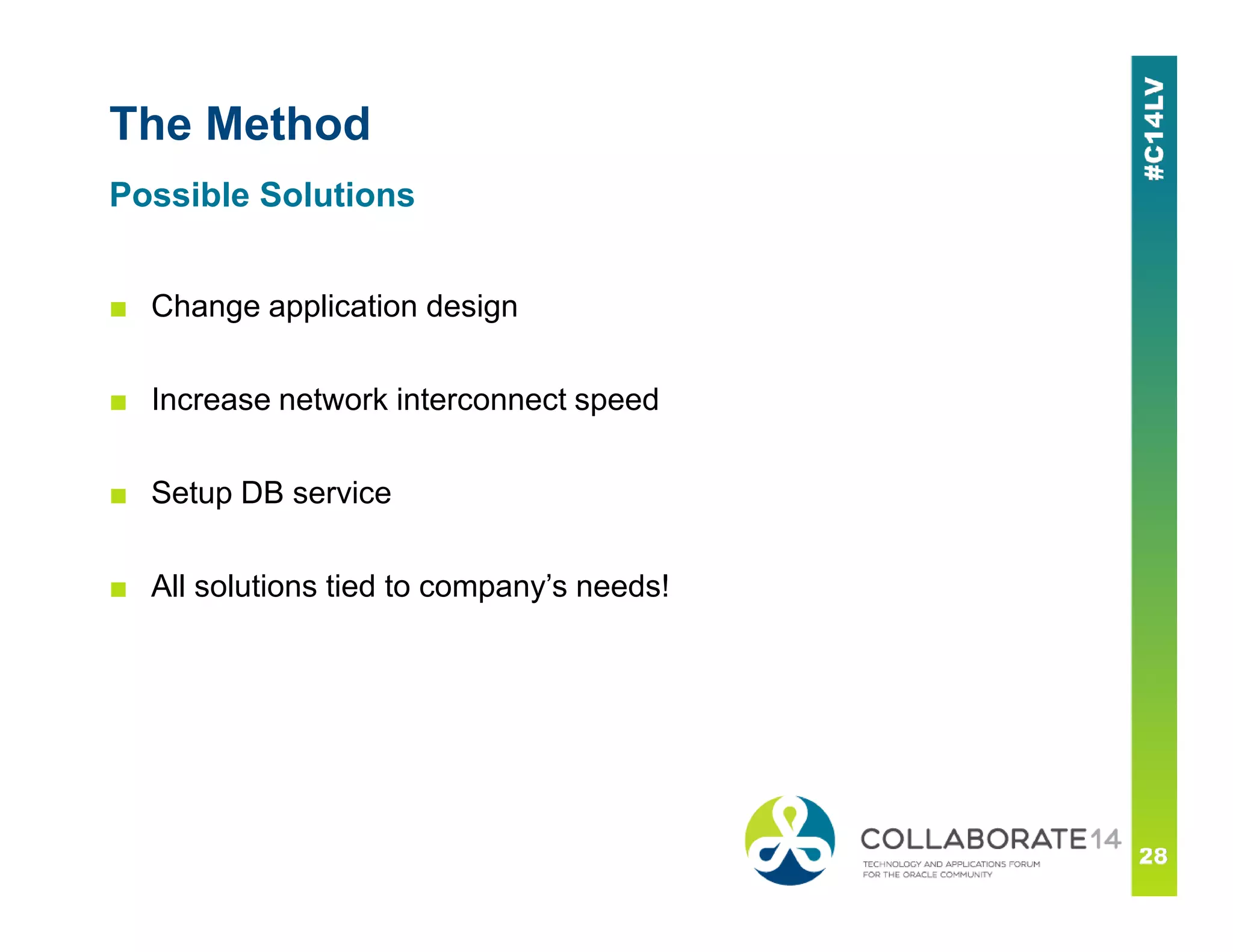 The Method
■ Change application design
■ Increase network interconnect speed
■ Setup DB service
Possible Solutions
■ Setup DB service
■ All solutions tied to company’s needs!
 