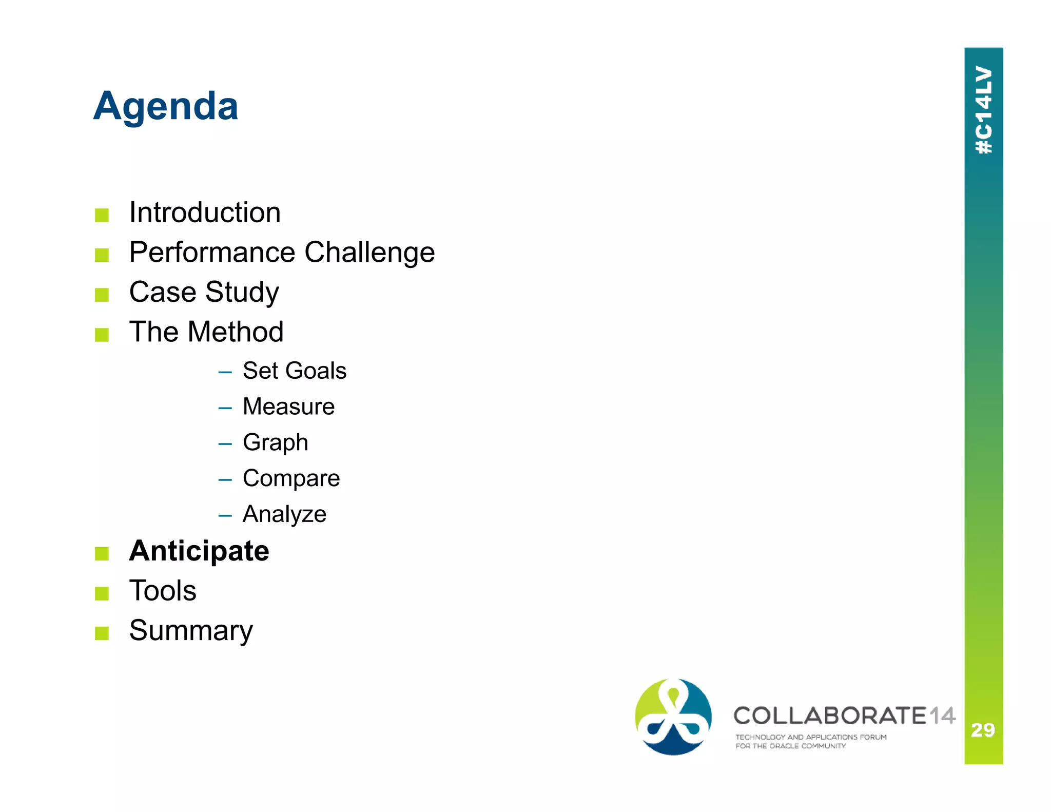 Agenda
■ Introduction
■ Performance Challenge
■ Case Study
■ The Method
– Set Goals
– Measure– Measure
– Graph
– Compare
– Analyze
■ Anticipate
■ Tools
■ Summary
 