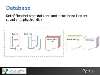 Database
101010
Online Redo
Log
10100
Data Files Control Files
Set of files that store data and metadata; these files are
saved on a physical disk
Archived Redo Log Flashback Log
 
