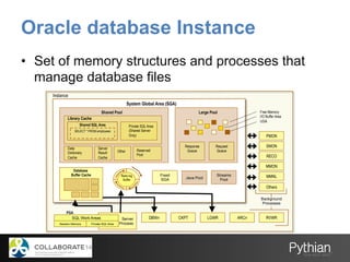 Oracle database Instance
•  Set of memory structures and processes that
manage database files
System Global Area (SGA)
Shared Pool
Library Cache
Shared SQL Area
SELECT * FROM employees
Private SQL Area
(Shared Server
Only)
Data
Dictionary
Cache
Server
Result
Cache
Other Reserved
Pool
Large Pool
Response
Queue
Request
Queue
Database
Buffer Cache Redo log
Buffer
Fixed
SGA Java Pool
Streams
Pool
Instance
Server
Process
SQL Work Areas
Private SQL AreaSession Memory
DBWn CKPT LGWR ARCn RVWR
Others
MMNL
MMON
RECO
SMON
PMON
Background
Processes
Free Memory
I/O Buffer Area
UGA
PGA
 