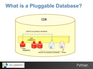 What is a Pluggable Database?
Root
(CDB$ROOT)
HR
PDB
Sales
PDB
CDB
Seed
(PDB$SEED)
Sales
PDB2
CREATE PLUGGABLE DATABASE. . . FROM
New
PDB
CREATE PLUGGABLE DATABASE
 