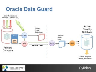 Oracle Data Guard
Standby
Redo
Logs
RFSNSA
Primary
Online
Redo Logs
Primary
Database
LGWR
MRP
Oracle Net
Commit
User Transactions
Queries, Updates, DDL
Queries, Reports
Testing & Backups
Active
Standby
Database
SGA
Redo
Buffer
Redo
Buffer
 