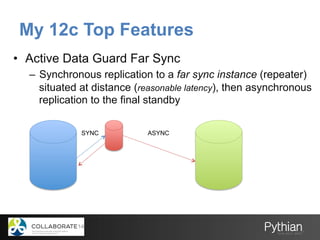 My 12c Top Features
•  Active Data Guard Far Sync
–  Synchronous replication to a far sync instance (repeater)
situated at distance (reasonable latency), then asynchronous
replication to the final standby
SYNC ASYNC
 