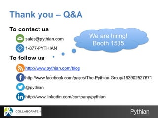 Thank you – Q&A
To contact us
sales@pythian.com
1-877-PYTHIAN
To follow us
http://www.pythian.com/blog
http://www.facebook.com/pages/The-Pythian-Group/163902527671
@pythian
http://www.linkedin.com/company/pythian
We are hiring!
Booth 1535
 