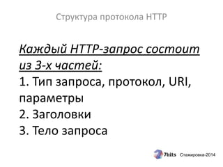 Стажировка-2014
Каждый HTTP-запрос состоит
из 3-х частей:
1. Тип запроса, протокол, URI,
параметры
2. Заголовки
3. Тело запроса
Структура протокола HTTP
 