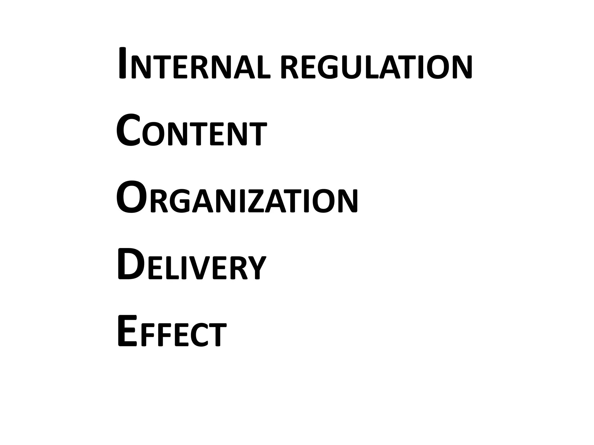CONTENT
ORGANIZATION
DELIVERY
EFFECT
INTERNAL REGULATION
 
