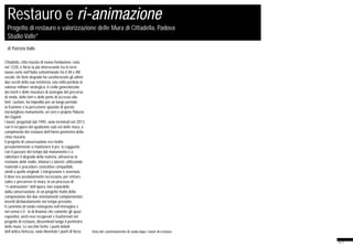 25
Restauro e ri-animazione
Progetto di restauro e valorizzazione delle Mura di Cittadella, Padova
Studio Valle*
di Patrizia Valle
Cittadella, città murata di nuova fondazione, nata
nel 1220, è forse la più interessante tra le terre
nuove sorte nell’Italia settentrionale fra il XII e XIII
secolo. Un forte degrado ha caratterizzato gli ultimi
due secoli della sua esistenza, una volta perduta la
valenza militare strategica; il crollo generalizzato
dei merli e delle murature di sostegno del percorso
di ronda, delle torri e delle porte di accesso alla
fortificazione, ha impedito per un lungo periodo
la fruizione e la percezione spaziale di questo
meraviglioso monumento, un vero e proprio Palazzo
dei Giganti.
I lavori, progettati dal 1995, sono terminati nel 2013
con il recupero del quadrante sud-est delle mura, a
compimento del restauro dell’intero perimetro della
cinta muraria.
Il progetto di conservazione era rivolto
prevalentemente a mantenere il profilo raggiunto
con il passare del tempo dal monumento e a
rallentare il degrado della materia, attraverso la
revisione delle malte, intonaci e laterizi, utilizzando
materiali e procedure costruttive compatibili,
simili a quelle originali. L’integrazione è avvenuta
lì dove era assolutamente necessaria, per entrare,
salire e percorrere le mura, in un processo di
“ri-animazione” dell’opera, non separabile
dalla conservazione, in un progetto frutto della
composizione dei due orientamenti complementari,
inseriti dichiaratamente nel tempo presente.
Il cammino di ronda reintegrato nell’immagine e
nel senso è il filo di Arianna che connette gli spazi
espositivi, anch’essi recuperati e trasformati nel
progetto di restauro, disseminati lungo il perimetro
delle mura. Le vecchie ferite, i punti deboli
dell’antica fortezza, sono diventate i punti di forza Vista del camminamento di ronda dopo i lavori di restauro
 