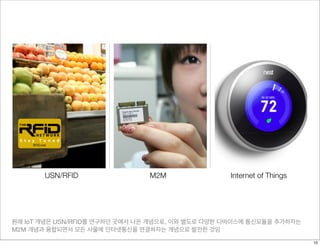 원래 IoT 개념은 USN/RFID를 연구하던 곳에서 나온 개념으로, 이와 별도로 다양한 디바이스에 통신모듈을 추가하자는
M2M 개념과 융합되면서 모든 사물에 인터넷통신을 연결하자는 개념으로 발전한 것임
USN/RFID M2M Internet of Things
10
 