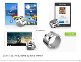 안드로이드 기반 스마트 링, 개인식별, 개인정보보관, 99년 배터리
http://www.igeak.com/Ring
58
 