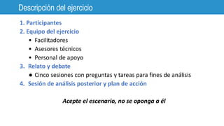 Descripción del ejercicio
1. Participantes
2. Equipo del ejercicio
• Facilitadores
• Asesores técnicos
• Personal de apoyo
3. Relato y debate
● Cinco sesiones con preguntas y tareas para fines de análisis
4. Sesión de análisis posterior y plan de acción
Acepte el escenario, no se oponga a él
 