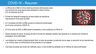 COVID-19 – Resumen
• La Oficina de la OMS en China recibió las primeras informaciones sobre
una neumonía de causa desconocida detectada en Wuhan (China)
el 31 de diciembre de 2019.
• El brote fue declarado emergencia de salud pública de importancia
internacional el 30 de enero de 2020.
• El 11 de febrero de 2020, la OMS anunció el nombre de la enfermedad
por el nuevo coronavirus: COVID-19.
• El 12 de marzo de 2020, la OMS declaró la pandemia a nivel mundial por la COVID-19.
• Desde principios de marzo, los países de todo el mundo han adoptado medidas más rigurosas en un esfuerzo por controlar la
propagación de la enfermedad.
• Las medidas han incluido el distanciamiento físico, el cierre de escuelas, la restricción de los viajes, la restricción de las importaciones
y, en muchos casos, el confinamiento de las personas en sus hogares.
• Casi todos los países del mundo han notificado casos: a nivel mundial hay alrededor de 2,5 millones de casos confirmados*.
 