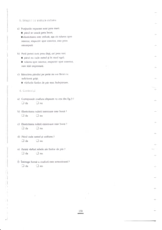 l
,l

'l

I

*,- *:jf€:$.ii,; :r:'; *ebGi,s

*uiv*'i*

a) Po4iunile separate sunt Prea mari:
I pirul se usuca Prea incet;

f

elasticitatea e-$e redusi, aga ca rularea spre

interior, respectiv spre exterior, est€ prea
estompatd.

b)

Perii periei sunt prea deEi, ori prea rari:

I
I

parul nu cade neted 6i in mod egal;
rularea spre interior, respectiv spre exterior,

este slab imprimara.

c)

Rdsucirea pdrului pe perie nu s-a

ftcut ctl

suficienti griji:

I

virfurile firelor de par $au indepartate.

€. i;e:':,i:r":r*r

a)

Corespunde coafura obginuta cu cea din fig.3

laa
b)

c)

lnu

Elasticitatea rularii i$erioare este bund

t*l

aa

Elasricitatea

laa

rul{rii octerioare este buni

?

trnu

Parul cade neted gi unifcrrm

e)

Existe

traa

?

iln,

virfuri rebele ale irelor de pnr

?

i-]nu

O intreaga forrnd

laa

?

Ll nu

d)

Ida

?

a coafurii este armoaioasi

?

Ilnu

r58

-

 