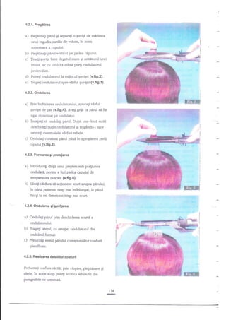 4.2.1. Pregitirea

a)

pirul

o Euvil5 de mirimea
unui bigudiu mediu de volum, ln zona

Pieptanagi

Ei separagi

superioard a capului.

b) Piepunagi pirul vertical pe pielea capului.
c) Trnetr Euviga intre degetul mare Ei aritAtorul

unei

miini, iar cu cealalti mane Fneti ondulatorul
preAncdlzit.

d)

Punegi ondulatorul la mijloc-ul Euvilei (v.fi9.2).

e)

Trageii ondulatorul spre

virful quvilei (v.fi9.3).

4.2.2. Ondularea

a)

Prin inchiderea ondulatorului, apucagi

virful

€uvitei de pnr (v.fig.4). Avegi grijA ca pdrul sd fie
egal repanizat pe ondulator.

b)

incepegi s{ ondulagi

pirul. Dupi unadou{ rotiri

deschidegi pu$n ondulatorul gi tn4gdndu-l ugor
neteziEi evenrualele v2rfu

c)

ri rebele.

Ondulagi constant pdrul pin4 in apropierea pielii

capuiui (v.ff9.5).
4,2.3, Formarsa 9i protejarea

a) Introduceg dinp unui piepten sub po4iunea
ondulat{, pentru a feri pielea capului de

b)

temperatura ridicati {v.fi 9.6}.
Lesagi cildura sd acfioneze scurt asupra p{rului;
la pdrul putemic tirnp mai indelungat, la

fin

Ei

F

pid

-:j

la cel deteriorat timp mai scurt.

4.2.4. Ondularea gl gwltarea

a) Ondulatri paml prin deschiderea scurti a

i

ondulatorului.

!

i

.€

b) Tragegi lateral, cu atenlie, ondulatorul din

onduleul format.
c) Prelucragi restul

I

pirului coresptrnzitor coafurii

l"

planificate.

alg

4.2.5. Reallzarea detaliilor coafurii
Prelucragi coafura reciE, prin ciupire, pieptinare Ei
altele. in acest scop putegi incerca tehnicile din

paragrafele ce urneaze.
174
G

 