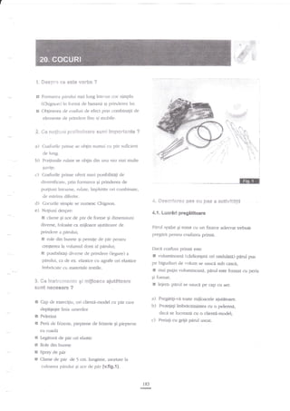 'i. Sesg:r''* *e es€* vel'ba ?
€l Formarea pirului rnai lung inr-un coc simplu
(Chigrron) in fornd de banana s! prinderea lui.
Et ObEinerea cle coafuri cle efect prin combina;ii de

elemente cle prindere fixe,si rnobile.

3.

*e **giur*t p:etfr*€it*re

a)

Coafurile prinse se ohlin numai cu per strficient

b)

Portiunile rulate se obgn dia una sau mai nrulte

$lxr3t itxpcer**r:te

?

de lung.
guvile.

c) Coairrile

prinse ofera mari p<xibilita$ de

Eil

r.liversificare, prin forn-rarea gi prinderea de

po4iuni intoarse, rulate, impletite ori cornbinale,
de rnirimi diferite.

d)

aF.

Cocurile simple se numesc Chignon.

e) No$uni despre:

4.

€

clame Ei ace de ptu de fomre qi dimensiuni
diverse, folosite ca mdloace aiutitoare de
€i pemite de par pentru
cresterea Ia volumul dont al parului;

materiale texdle-

pi foenat;

S lejera: pirul

sunt necesare ?
Cap de exerciliu, ori clienti-model cu

pir

dep*qeEte linia luneriior

cu

6

dacd se lucreazj cu o clientd-model;

c)

c-r-radii

gir ori elasdc

Role din burete

K Spray de par
E Clame de pdr de 5 cm. lungime, asortate

se usuci pe c:tp cu aer.

a) Pregatigi-vi toate miiloacele aiuatoare.
b) Proteja$ imbrAcardnrea ctr o pelerini,

care

E Pelerin:i
E Perii de frizerie, pieptene de trizerie gi pieptene
S[ Legituri de

pid

pus

pe bigudiuri de voltrm se u$uci sub casci;
I mai pu{in !-oluminoasa, pdrul este foqlar cu peria

3. Ce lnstra;$?effit* $! ryrsjle*e€ aiu*At*are

e

.

l. LucSri pregetitoare

Daci coafura prinsd €ste
* volurninoasi {cirlionp6 ori ondulaB)

cle prindere (legare) a

pirului, ca de ex. elastice cu agrafe ori elastice
c--u

aetlvitdtli .

pregedt peflrru coafarea prinsa.

& role din burete

imbricate

a

Pdml "spilat $i rrarar cu un fixator adecvat rebuie

prindere a pfrului;

E posibiltti{i cliverse

*escri*r*a Fas €ir fles

la

culoarea perului Ei ace de pAr {v.f!g.t}.

i83

Periagi cu gnie parul uscar

 