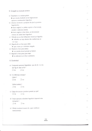 5. Gregeli ce trehuie evitat€

a) imPl4lrea

s-a realiz:rt greEit:

I
b)

pot rezulta incilceli ori se ingreuneazd
asezarea umldtoarelor bigudiuri'
par la punerea
Jinerea incorectd a po4iunii de
bigucliurilor:

I

dacd unghiul. cu pielea capului a fost asculii'

reanlta o rdddcini neted:i;

I

dace unghiul a fost obtuz, se favodzeazil

crearea de carari intre bigudiuti'

c)

4rfurile nu au fost infegurate rotund pe bigudiu:
r virfrrrile vor iegi ulterior din coafura sau se
YOr fupe.

d) Sigudiurile au fost Puse oblic:
J a1ar car:ri 9i o ondulare inegala'

-

e)

Elasticul a fost Prea strins:

r
0

vor rezuls locuri presate gi indoiri'

Bigudiul a fost Prins Prea lejer:

r

la rliddcinn nu se face ondulare-a'

S.

S*ntrolul

a)

C,omparari aEezarea

bigudiului pus de dv' cu cea

din fig.10. Este la fel

laa
b)

Unu

Ce diferenge sesiza$
u-ardri

r-l

?

?

I

Oa

Varfuri rebele

nu

?

lnu

Iaa
c)

?

Clapa de cauciuc produce presiri pe pdr?

fnu

lloa
'

I
:

i

d)

Dupe a$ezarea celodalte bigudiuri aspecnrl este
oeregrrlat

-f*

?

-lnu

!

i
;

e) Oferili rezulutul muncii dv. spre

verificare

instructorului

t94
E

 