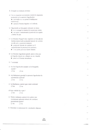 $. Gregeli se trebuie evitat*

a) Nu s-a respedar

succesiune.'a corecte la separarea

po4iunilor gi la agezarea bigudiurilor:
r actMutile nlr vor putea fi desffuurate
nedntrerupt;

I
b)

a$ezarsr ftecdrui bigudiu 'r'a

fi dificild.

Bigutliurile au fost greEit ordonate ori alese:

I
I

se ,a ajunge la crearea de numeroase c4rAri;

vor apare contorsionari Ei pericolul de rupere

a firelor de pfr.

c)

La folosirea nlooped'-ului: c?petele au fost a6r de

indoite lateral inc€t po4iunile laterale de ondulat
se afl{ sub o puremici tensiune:

I

po4iunile laterale de ondulat vor fi
suprasolicitate tn procesul de ondulare;
I i s-ar putea provoca dureri clientei.

d) Ia folosirea

bigudiului-spirali: parul a fost pus
pe bigrrdiu r}sucit ca o sfoar6, nu c? o bandi:

I pitul va fi format

neuniform.

S.

f*ntrolul

a)

Au fbst bigudiurile anrniate ca in fotografia-

model

?

laa
b)

nu

Ati intimpinat greuAli la agezarea bigudiurilor in
succesiunga indicati?

-laa

lnu

c) Ia ftnalizarea mafurii

laa

d) Sunt vizibile fire rupte

aa
e)

?

llnu

Pentru realizarqa optiunii de coafare este
avantajoas* aphcarea tehnicii de ondulare
permanentil aleast

t-l

ft

apar cdrltri nedorite?

fnu

aa

I

?

nu

Discutati cu instructorul dv. rezultatele oblinue.

200

-

 