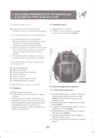 €W
X.

f

42.

Sespr* *s €sts s*rba ?

a) impa4ig pirul in 6 ctrmpuri.
b) PrindeF cu clame po4iunile,

Aplierea precisd a preparatelor pentru
modiRcarea culorii, cu ajutorul stidei de aplicare.

2.

cu exryEia
po4iuaii miilocn de la csafa {v.ftg.1}.

*e *e!i**:i prelirni*are scJnt i*porta*te ?

a)

impirfre pirului

tehnici de lucru sunt ptesbile
preparatele lichide, sub forgt5 de gel gi crernele.
in acest rnod se pot aplica Ei substa4ele
colorante oxidante de consistengi porrivita.
Aplicarea preparatelor se poate face atit pe pnrul
uscat, cat qi pe pirul umed (Eters cu prosopul). .
Orientali-vn dupi instrucgiunile preparatelor
utilizate.
Prin nmetoda rapiddj' se ?ngelege un procedeu
acceleraq rer.lizat cu ajutorul sridei de aplic:rre.

b)

c)

La aceasE

3. C*. instr*mente 6i mijle**e aja*&t*are
s$*€ *eeesxre ?

r
f
I
I
I
I
I
4"

Pelerinn impermeabili
MEnu$i de protecgie

Prosop pluqat/gervelele absorbante
Pieptene de irizerie
Clame de separare
Preparat p€ntru modificarsa culorii
Trarament lichid pentru exerci$u.

Se*eriere* p*s ci;

Fles a

eetivit*gi
4.3. Apl'carea prepamtului la rtrddcind

4.1. Pregitirea

4.3.1. Repartizarea cu degetll mare

a) Fuaeli mnnugile de proteqie.
b) Punegi pelerina gi executag, dupi caz, o spiilare
a pirului.
c) Realizati preparatul conform :nstruqiuniior. ta
zubstangele colorante oxidante pune$ mai intni

a)

in

Mai intni punegi preparat, cu stida de aplicare, pe
r{*5cina pedui aflat pe cararea transversaln
(v.fi9.1. FolosiSi dsar at6.t preparat cnt esre
neapafat necesar.
Repartizagi preparatul cu degetul mare al m2inii

sticli componentele lichide, apoi componentele

b)

sub forrnit de clema. in acest fel crerna se
amesteci mai repede cu restul subsrangelor gi nu
remane pe peregi sticlei.

c) Cu aiutorul ciocului sticlei

libere (v.fi9.3).

d)
e)

g

mai trasali o canre pe
o po4iune de 1-? crn. {v.fig.4}.
Ridicag po4iunea de per gi punef-o pe dmpul
aflat deasupra ei {v.fig.S}.
Repetagi ptocedura pina la tratarea completi a
c€mpului aijlociu al cefei.

Continuagi corespunzator activ-itatea gi la celelalte

clmpuri.

2t4

-

 