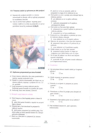 4.6. Trasarea

a)

ciririi

. E parul se va lua pe pensula, asdel ca

9l apllcarea pe alte porllunl

d)

Separa$ alte po4iuni paralele cu serarea
transversala ?n direqia cefei qi aplicaEi preparatul

b)

in modaliatea descrisd.
Cam la nivelul liniei palariei imparti$ parul
venical. Asfel se va evita ca po4iunile ce cad se
periditeze Iucnrl

?n

prqaratul va migra de la €d{cini in sus.
Perii periei au a!'ut o poziFe prea abrupti fag de
redecina pirului:
&l pe rddacini nu se va aplica suficient
preParar;

H

continuare (v.trg.6).

e)

aplicarea preparatului va fi neplicut
perceputn de clieure
Perii periei au fost prea lejer apisagi:
Ei preparatul nu a putut fi aplicat cu precizie la

r:idicina pirului;

E

preparatul nu va lucra satisfacator.

O Preparaarl nu a fost aqlicat cu preciTie pe zana
de nndncinA ulterior crescuta:
Ei zona riddcinii nu va fi vopsid uniform.
g) MiEcarea de pensulare a fost prea des repetate:
El preparatul deja aplicat va fi preluat de pe
r.nddcinn;

h)

i)

ffi zona nidacinii va fi insuficient vopsiri.
Pa4ile tratare nu au fost leier agezate:
El preparatul aplicat inainte va rnigra pe
lungimea qi pe vdrful firelor gi le va vopsi.
De la linia de pnl'arie s-au ficut mai departe
separS.ri orizontale:
R portiunile de par cad peste zonele inferioare
Ei vi ingreuneaTd munca.

r'.'1, :';1;s;',:;i; ;i
a) A$ armonizat tehnica traserii cirdrii pe lungimea

pnruhi

4.7. Aplicarea preparatului pa zona trontaH

a) Dupa ffatarea rndicinilor din

b)

zona posterioari a
capului, agezag po4iunile la loc.
Paralet cu cirarea transrersali, sau dupi e4 cu

d)

trda

a)

b)

,

corecti

nda

fst

?

nnu

?

nnu

d) Pensularea s-a facut in pozilre prea abrupri ori
prea culcati ?

i:!,iI j;iir-l

tl aa

Pdml luog nu a fosc impd4it printr-o drar€ in
ctuce:
E pard din partea frontald a capului va acoperi
figura clientei.
Pensula lara a

nu

c) Pensula s-a acoperit cu pfepafat pe partea

LuaF preparatgl Si tratagi radecine parului.
Prelucrali partea fronali ca Si.Frt€a din spate.
Prelucra4i, daca e$e neesar, c<rnturul.

i'i !.:ri'::lii;'::l: i:irii':,r !ir::il:i9:

fl

b) Pn4ile separate au grosimea corecti

cnrarea mijlocie, $eparali o porliune de cca. 1,5
cm. grosime.

c)

?

f,aa

e)
D

in$odusd ln preparat Ia

ll

nu

Preparatul a fost aplicat pest€ tot gi uniform

trda

?

flnu

Dagrirezuhatul muncii dv.,5;ire apreciere,

iastructonrlui.-

mijlocul vasului:
perii preiau preparanrl pe ambele pn4i. Una
dintre p,lrlr vA trebui gtearsd Arainte de a lncepe

B
c)

aplicarea subsaogei.
Parul nu a fost $inut cu pieptenul p€ cerarca
transversale:
220
@

.!

 