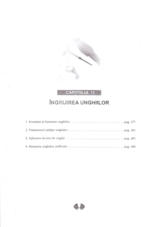 '$:',
,

ii+i

[l r cmrJ gREA uruGr-f

1. Scurtarea qi formarea

unghiiior

?. Tratamentul pieligei

unghiiior

3. Aplicarea lacului de

unghii

4. Montarea unghiilor

artificiale

nLoR

. pag. 277
. . . . pag. 281
. . pag. 285
. . . pag. 288

 