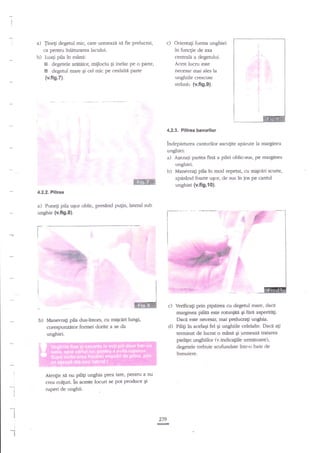 c)

degetul mic, care urmeazd si fie prelucrat,
ca pentru ?nleturarea lacului.
b) Luagi pila in minn:
E degetele aretetor, miilociu Ei inelar Pe o parte,
degetul mare gi cel mic pe cealalt{ parte

a) fine{i

I

Orientalr forma unghiei
in funcgie de axa
centrala a degerului.
Acest lucru este
necesar mai ales la

i

I

t

unghiile crescute

{v.fig.7}.

strdmb. (v,fig.9).

4.2.3. Pilirea bawrilor
lndepaaarea canturilor ascu$te aparute la marginea
unghiei:
a) Aqeza$ partea finn a pilei oblic-rus, pe ma€inea
unghiei.
b) M'anevrali pfla in mod repetat, cu miqctri scurte,
apesand foarte u$or, de sus in Jos pe czntul

Iffi

unghiei (v.fig.{0}.

4.2.2. Pillrea

a)

PunEi pila ugor oblic,
unghie (v.fi9.8).

prsind

pugin, lateral sub

€
*

I
I

,t

.l

ffl

E
g

t,r.l

c) Vertficagi prin pipairea cu degetul mare, daca
marginea pilita este rotuniita gi fare asperite$.

b)

Daci este necffir, rnai prelucra$ ungbla.

l,lanevrati pila dus-intors, cu miScdri lungi'
corespunzetor formei dorite a se da

d) Piliti in acelaEi fel 9i unghiile celelalte. Dacn a$
teminat de lucrat o mlna qi urmeazi tmtarca
pielilei ulghiilor (v.indica$ile umEroafe),
degetele trebuie scufundate intr-o baie de
inmuiere.

unghiei.

Atentie sA

ru piliti unghia pr€a tale, pentru a nu

crea colguri, in aceste. locwi se po{ pro4rce 9i
!

ruperi de uiighii.

i
*1

I

279

!r
I

 