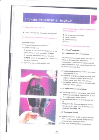 1. Sespre ce este verba ?

3

3.Ce instrumente gi dotdri suplirnentare
sunt nscesa!.e ?

Tunsul pierdut precis al lungimii
firelor de par.

f
I
I
!

1. e* nofiuni preliminare sunt necesare ?
Cunogtinge

a)
b)

despre:

4

Pozigia m6.inii la tuns:

Suvitele de

pir

piepten de frizerie
Clame

,

Con$nutul subcapitolului anterior;

r

Cap de exercigiu sau model

Foarfecidetuns

Deserierea pas eu pas a activiHfii

'4.1. Tunsul .pe
degete..

care au fosf pieptinate in sus,

pentru teiere, se tund,'pe degete,,(v.fig.i);
f po4iunile alihrate vor fi nrnse ,nn

4.1.1. Determinarea liniei conducitoarc

manao

(v.fig.2), pentru

ci

"pe degete,,pot
incomod gi imprecis;

c) Inportanla liniei conduc{toare

fi

Prin determinarea lungimii p{mlui
din guvip ce
si fie runsi prima, sabiligi linia
conducetoare. De ea depinde
lungimea pnnrlui
coairii intenSonate. tinia conduciltoare
este baz,
de plbcare a celorlalte linil

tunse cloar

ta ruru.

a) tualr in

b)

pieptenul 9i foarfeca gi separagi r
Suvip inguste de par.
Pieptenag guvip perpendicular
pe cap gi aEez
degetele arjl&itor A miilociu acoto
de unae
trebuie scurat penil Oinia conducitoare).
rrrerrl,

.
c) Cu degetele ariEtorEi miilociu
trnegr E$ia intinse uniform.

"t

,nairrli rUol

4.1.2. finema lnstrumsnietor
9t tilerea

a)

b)

Intrcducegi pieptenul inrre degetul
mare gi Zon
mediaira a miinii stangi.

Tineg_l i.,
fej nn"a
s{ nu stinjeneascd tlierea pnruhi. "8"
Apucagi foarfeca ln aga fel tn€t
sn puegi Uia c
ea.

c)

Teiag perul aflat deasupra degetelor,
€t mai
aproape de ele. Acest lucru se
realizeazi prin
mai multe sieri (v.fig.3-4)

4.1.3. Contnuarea lucrulul

i)

Separag urrnat@rea quvigi
in timp ce ateturati
pafie a Suvrgei tocmrd scunat€; putEi
fi:ra linia

conducitoare a urmetoarei tdieturi.
b) Taiagi perul de-a lungul liniei
conducitoare.

50
-i

 