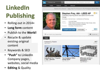 LinkedIn
Publishing
• Rolling out in 2014+
• Long form content
• Publish to the World!
• Recycle & update
existing original
content
• Keywords & SEO
• “Push” to LinkedIn
Company pages,
websites, social media
• Editing & Quality
 