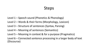 Steps
Level 1 – Speech sound (Phonetics & Phonology)
Level 2 – Words & their forms (Morphology, Lexicon)
Level 3 – Structure of sentences (Syntax, Parsing)
Level 4 – Meaning of sentences (Semantics)
Level 5 – Meaning in context & for a purpose (Pragmatics)
Level 6 – Connected sentence processing in a larger body of text
(Discourse)
 