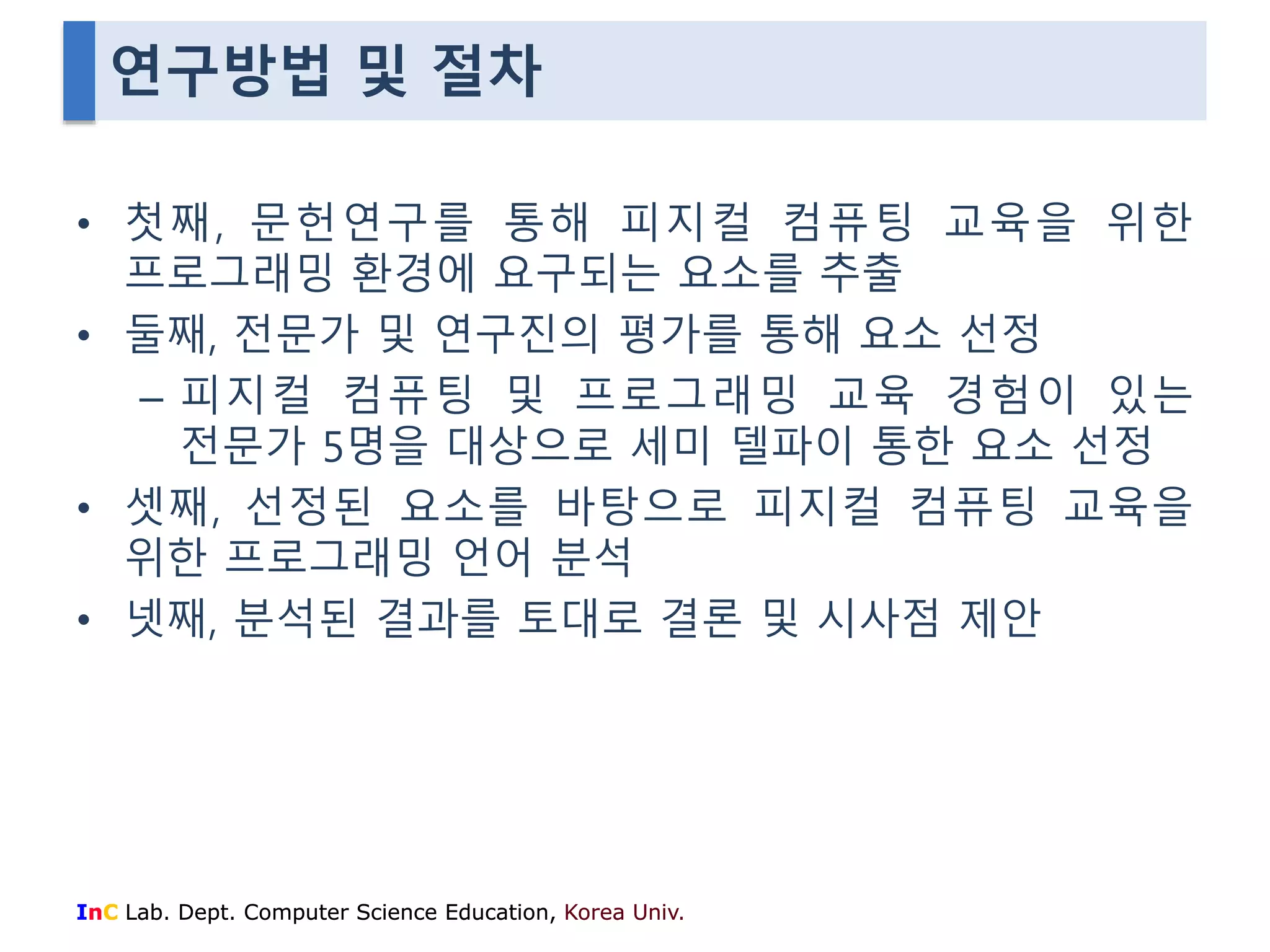 연구방법 및 절차 
• 첫째, 문헌연구를 통해 피지컬 컴퓨팅 교육을 위한 
프로그래밍 환경에 요구되는 요소를 추출 
• 둘째, 전문가 및 연구진의 평가를 통해 요소 선정 
– 피지컬 컴퓨팅 및 프로그래밍 교육 경험이 있는 
전문가 5명을 대상으로 세미 델파이 통한 요소 선정 
• 셋째, 선정된 요소를 바탕으로 피지컬 컴퓨팅 교육을 
위한 프로그래밍 언어 분석 
• 넷째, 분석된 결과를 토대로 결론 및 시사점 제안 
InC Lab. Dept. Computer Science Education, Korea Univ. 
 