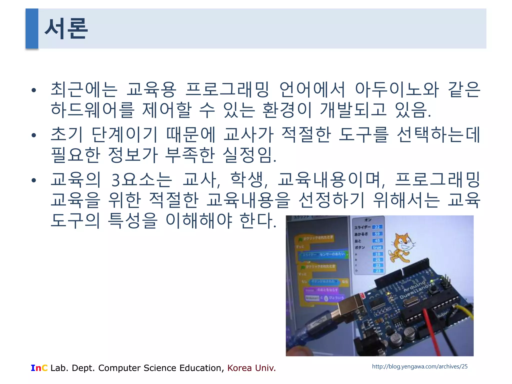 서론 
• 최근에는 교육용 프로그래밍 언어에서 아두이노와 같은 
하드웨어를 제어할 수 있는 환경이 개발되고 있음. 
• 초기 단계이기 때문에 교사가 적절한 도구를 선택하는데 
필요한 정보가 부족한 실정임. 
• 교육의 3요소는 교사, 학생, 교육내용이며, 프로그래밍 
교육을 위한 적절한 교육내용을 선정하기 위해서는 교육 
도구의 특성을 이해해야 한다. 
InC Lab. Dept. Computer Science Education, Korea Univ. 
http://blog.yengawa.com/archives/25 
 