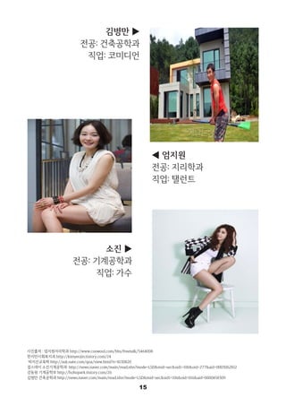 15
사진출처 : 엄지원지리학과 http://www.coowool.com/bbs/freetalk/5464008
한지민사회복지과 http://kimyeojin.tistory.com/24
박지선교육학 http://ask.nate.com/qna/view.html?n=8130820
걸스데이 소진기계공학과: http://news.naver.com/main/read.nhn?mode=LSD&mid=sec&sid1=106&oid=277&aid=0003062812
강동원 기계공학부 http://hohopark.tistory.com/26
김병만 건축공학과 http://news.naver.com/main/read.nhn?mode=LSD&mid=sec&sid1=106&oid=016&aid=0000458309
◀ 엄지원
전공: 지리학과
직업: 탤런트
김병만 ▶
전공: 건축공학과
직업: 코미디언
소진 ▶
전공: 기계공학과
직업: 가수
 