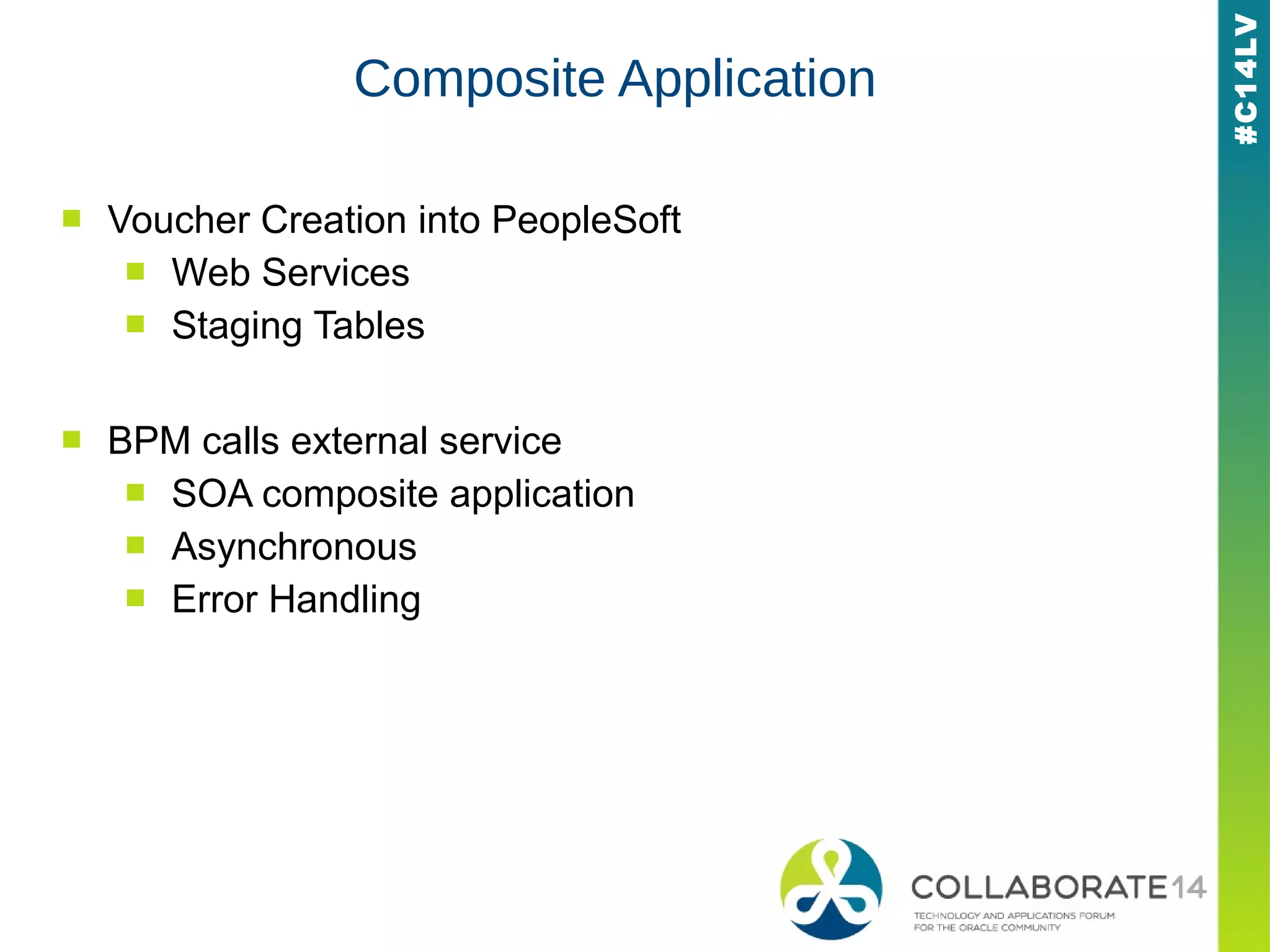#C14LV
Composite Application
■ Voucher Creation into PeopleSoft
■ Web Services
■ Staging Tables
■ BPM calls external service
■ SOA composite application
■ Asynchronous
■ Error Handling
 