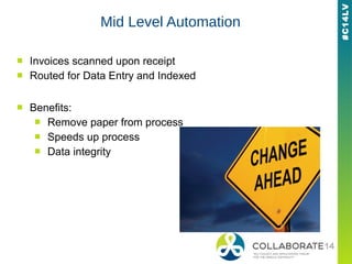 #C14LV
Mid Level Automation
■ Invoices scanned upon receipt
■ Routed for Data Entry and Indexed
■ Benefits:
■ Remove paper from process
■ Speeds up process
■ Data integrity
 