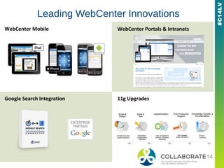 #C14LV
Leading WebCenter Innovations
WebCenter Mobile WebCenter Portals & Intranets
Google Search Integration 11g Upgrades
 