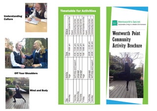 Timetable for Activities
Wentworth Point
Community
Activity Brochure
Understanding
Culture
Mind and Body
Off Your Shoulders
 