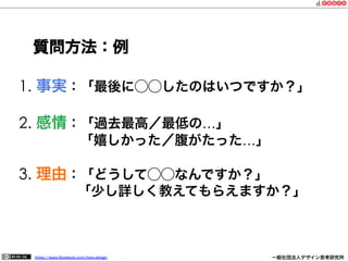 https://www.facebook.com/keio.design              一般社団法人デザイン思考研究所
1. 事実：「最後に⃝⃝したのはいつですか？」
2. 感情：「過去最高／最低の…」
「嬉しかった／腹がたった…」
3. 理由：「どうして⃝⃝なんですか？」
     「少し詳しく教えてもらえますか？」
質問方法：例
 