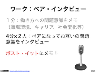 https://www.facebook.com/keio.design              一般社団法人デザイン思考研究所
１分：働き方への問題意識をメモ
（職場環境、キャリア、社会変化等）
4分 ２人：ペアになってお互いの問題
意識をインタビュー
ポスト・イットにメモ！
ワーク：ペア・インタビュー
 