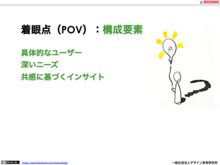 https://www.facebook.com/keio.design              一般社団法人デザイン思考研究所
着眼点（POV）：構成要素
具体的なユーザー
深いニーズ
共感に基づくインサイト
 