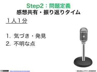https://www.facebook.com/keio.design              一般社団法人デザイン思考研究所
１人１分
1.  気づき・発見
2.  不明な点
Step2：問題定義
感想共有・振り返りタイム
 