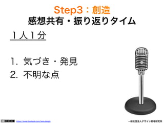 https://www.facebook.com/keio.design              一般社団法人デザイン思考研究所
１人１分
1.  気づき・発見
2.  不明な点
Step3：創造
感想共有・振り返りタイム
 