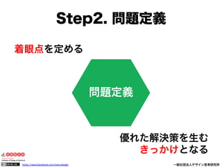 https://www.facebook.com/keio.design              一般社団法人デザイン思考研究所
問題定義
着眼点を定める
優れた解決策を生む
きっかけとなる
Step2. 問題定義
 