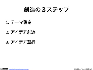 https://www.facebook.com/keio.design              一般社団法人デザイン思考研究所
創造の３ステップ
1.  テーマ設定
2.  アイデア創造
3.  アイデア選択
 