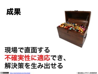 https://www.facebook.com/keio.design              一般社団法人デザイン思考研究所
 成果 
現場で直面する
不確実性に適応でき、
解決策を生み出せる
 